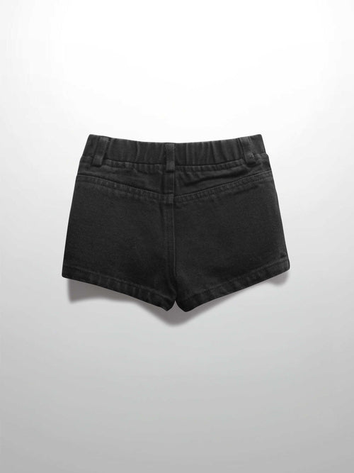 Back view of black denim shorts