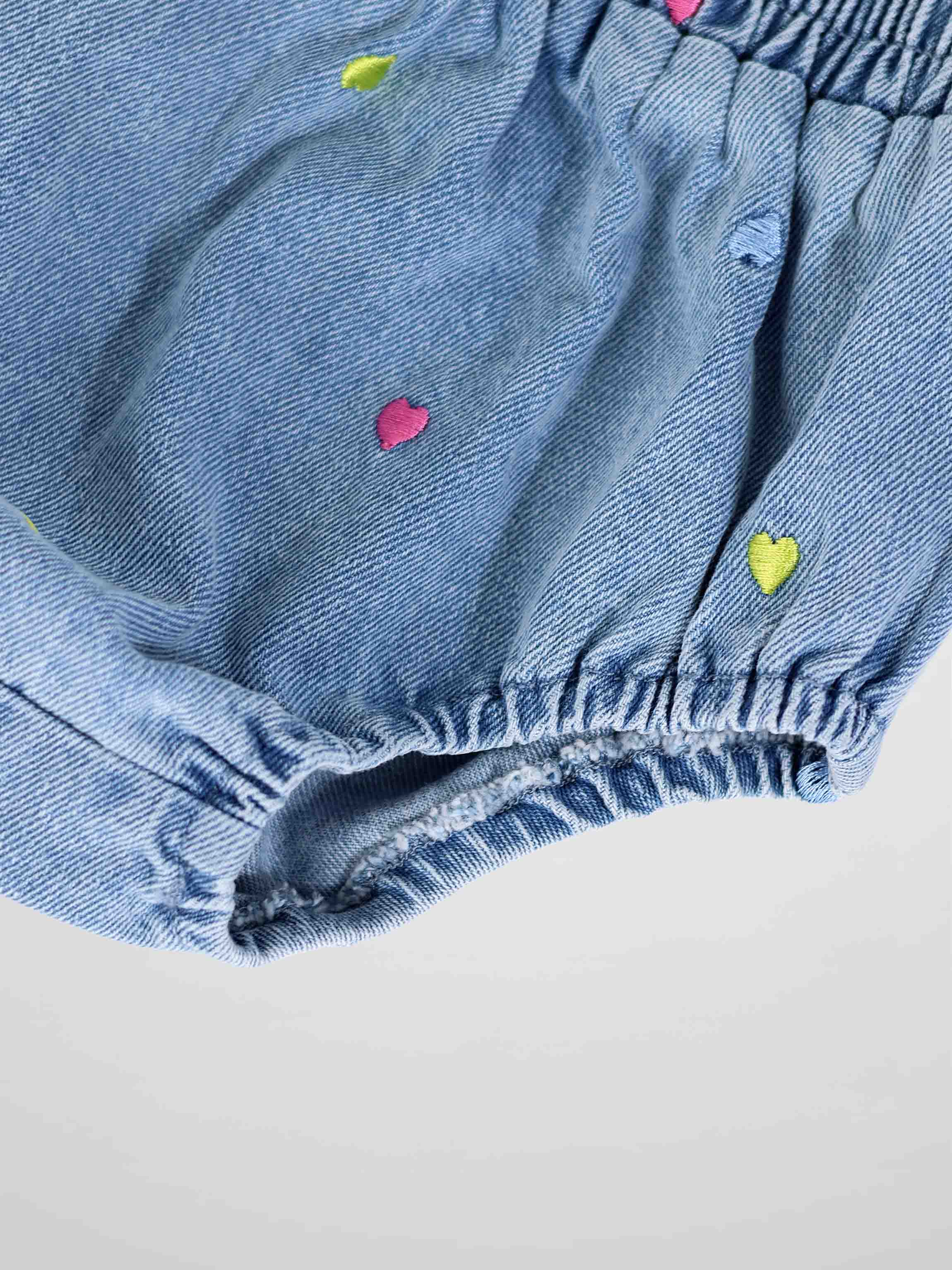 Embroidered Heart Denim Bloomers with pink and lime hearts, elastic waistband.