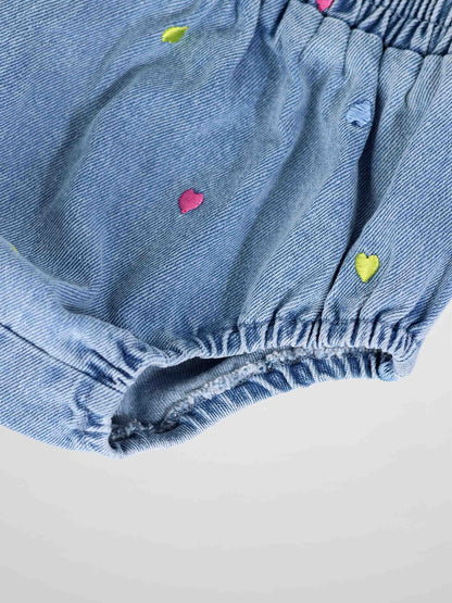 Embroidered Heart Denim Bloomers with pink and lime hearts, elastic waistband.