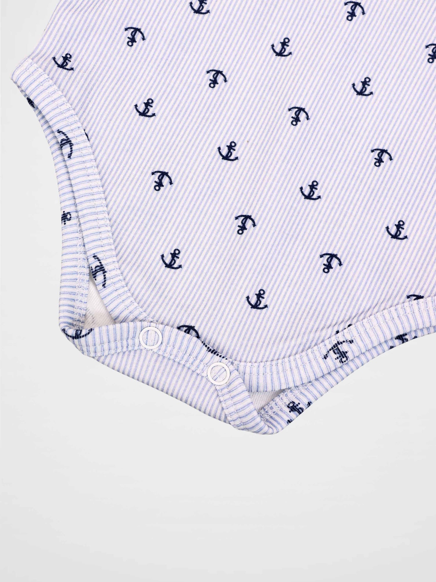 Adee Anchor Set - Blue baby onesie with navy anchor pattern on light-blue stripes; snap buttons