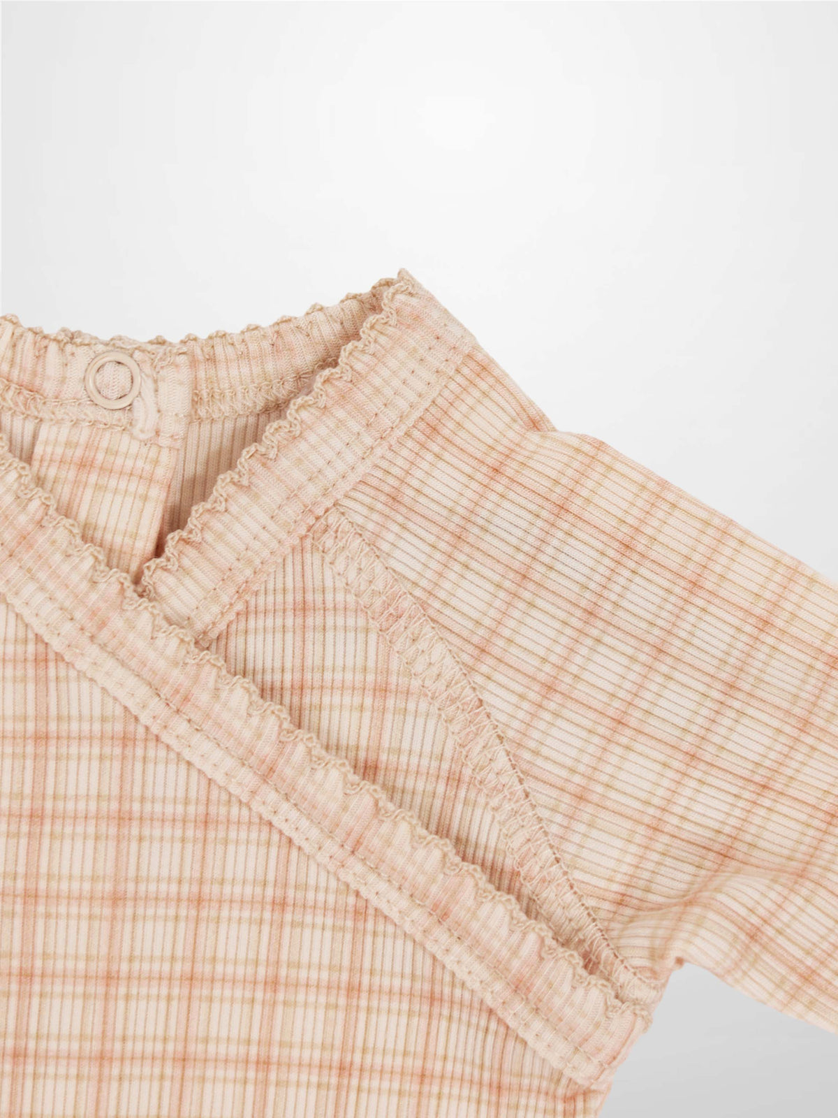 Oatmeal Grid Stretchy Pink girls stretchies top with ruffled neckline