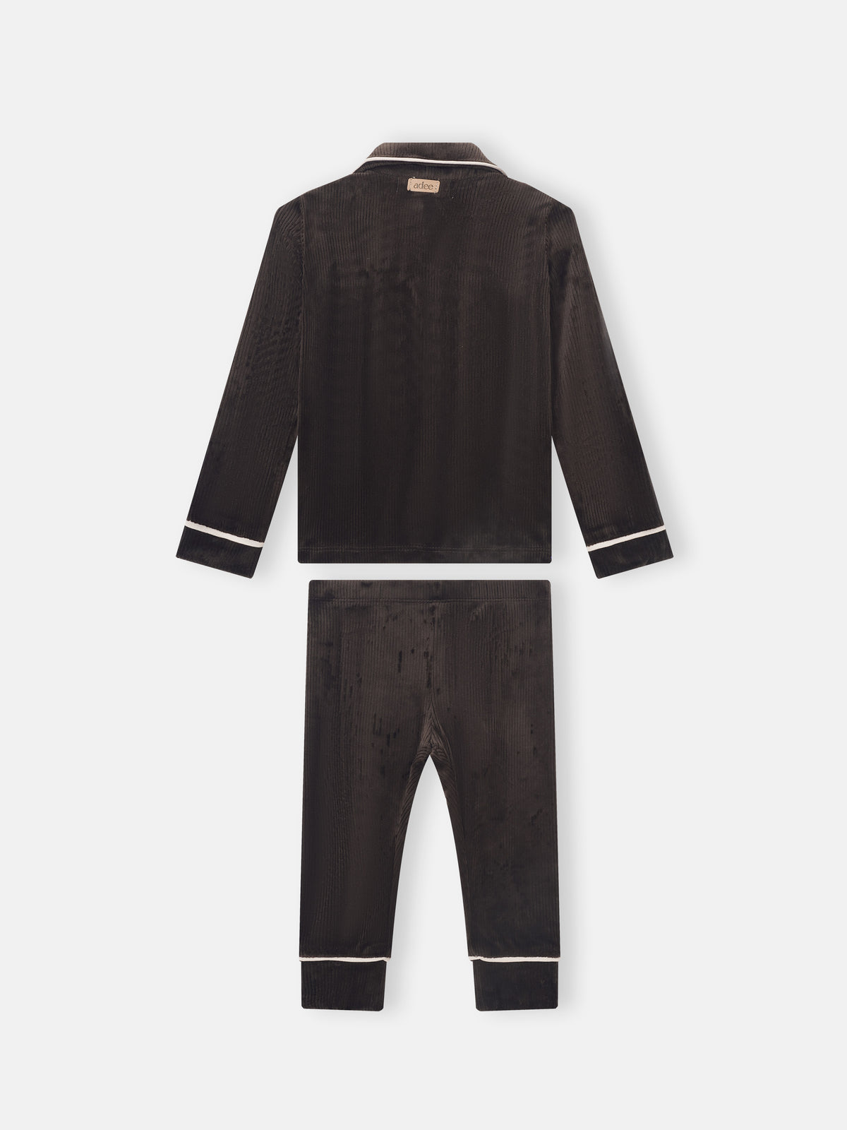 Adee Ribbed Velour Pajamas for boys, brown two-piece set with white piping at cuffs, collar and hems.