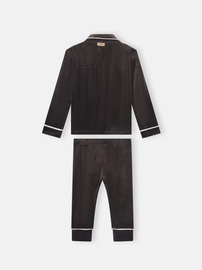 Adee Ribbed Velour Pajamas for boys, brown two-piece set with white piping at cuffs, collar and hems.