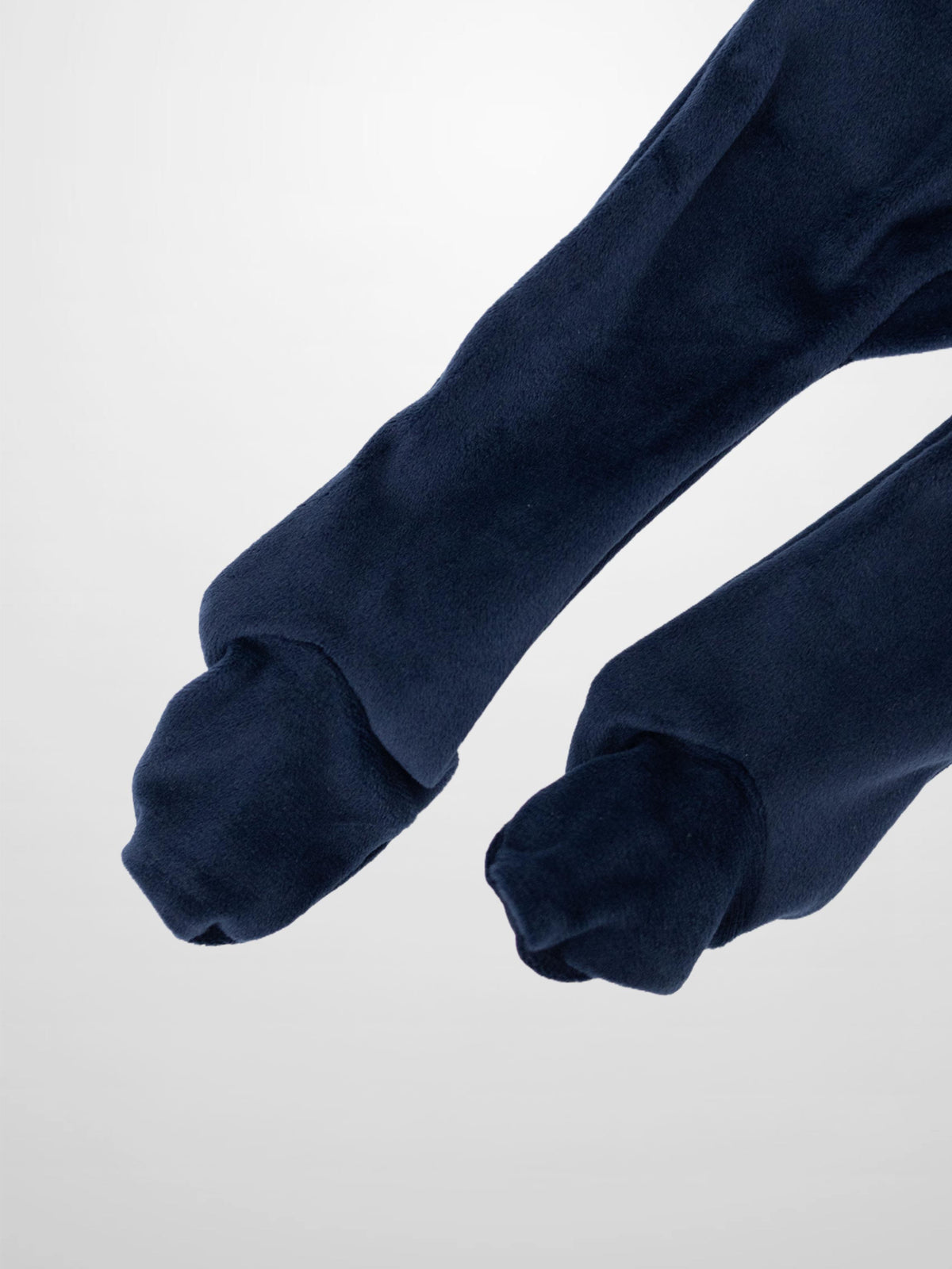 Navy blue velour baby footie with soft rounded toe cuffs.