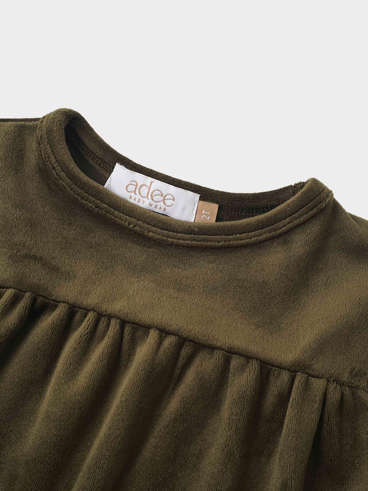 Tiered Velour Robe in Hunter Green; close-up neckline with gathered tiers and visible tag.