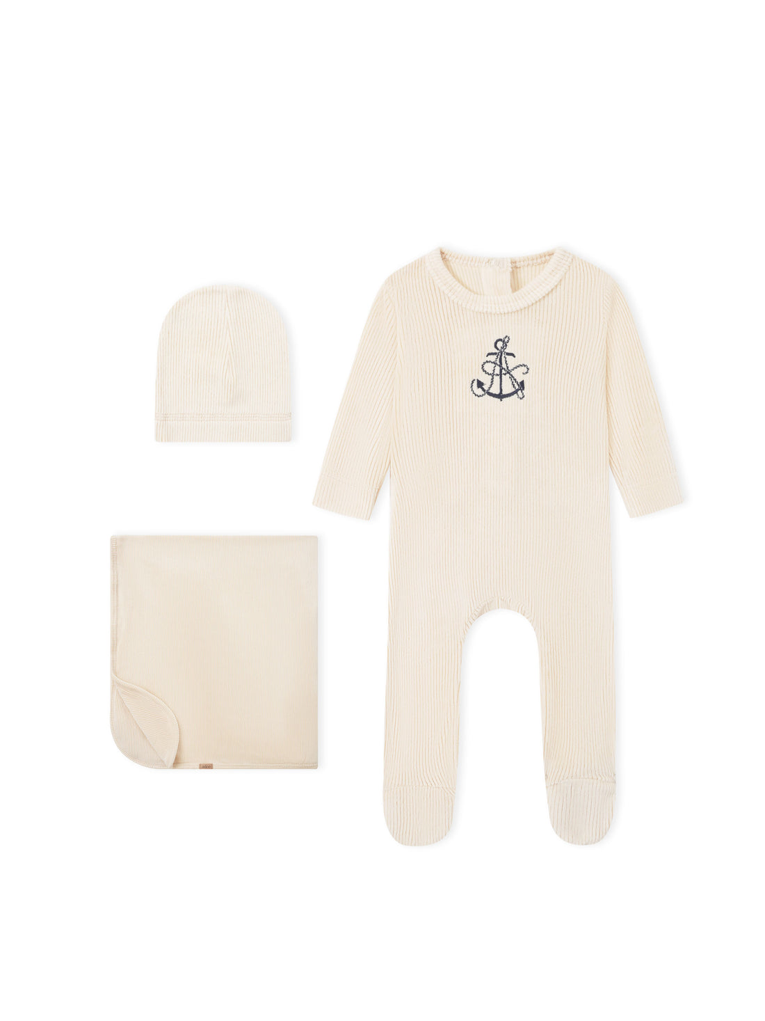 Adee Embroidered Anchor Layette Set in cream; ribbed knit baby onesie with anchor, plus hat and blanket.