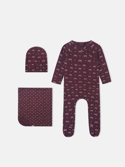 Girls burgundy bow layette set by Adee; includes romper, hat, and blanket with white bow print