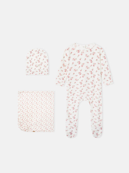 Adee Tiny Blossom layette set for baby girls; white fabric with pink florals; includes hat, blanket, and sleeper.