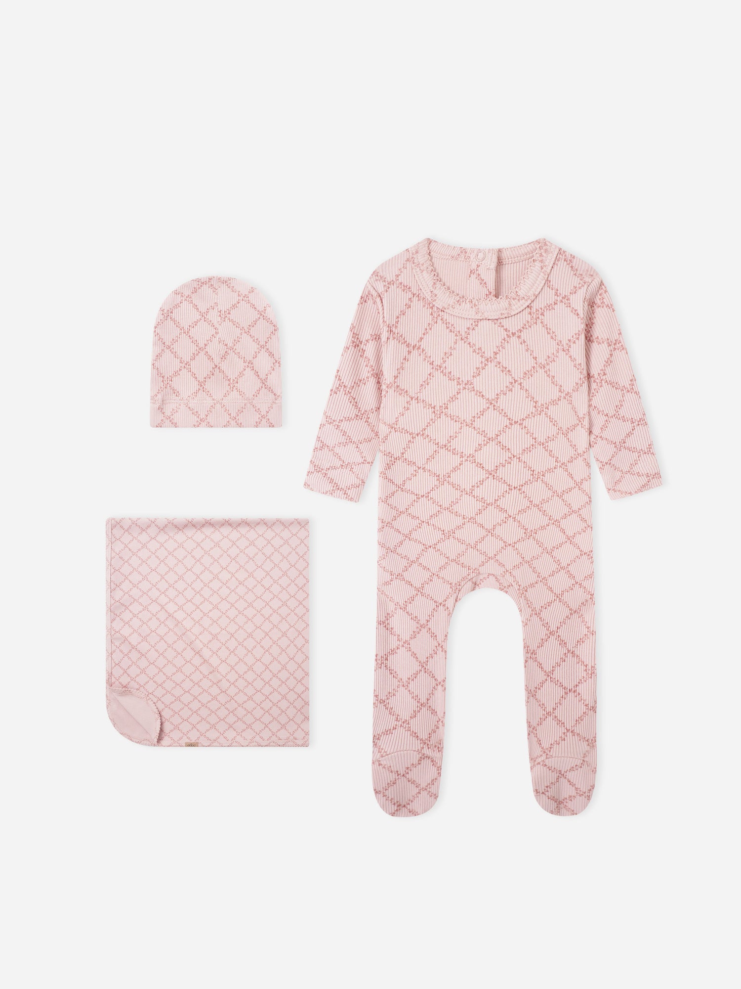 Pink Leaf layette set by Adee for girls; pink lattice knit with hat and blanket.