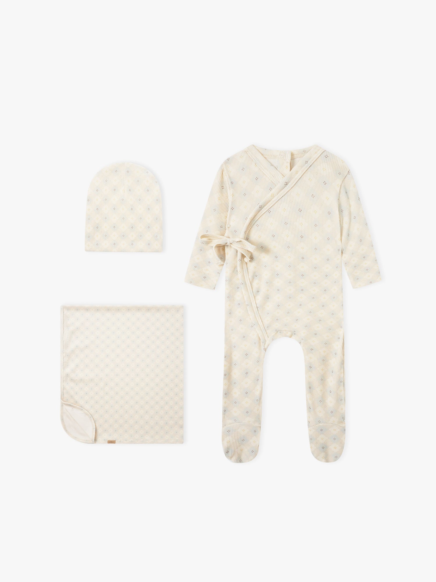 Adee Little Button Blue baby layette set for boys; three-piece cream dotted robe with belt, hat and blanket