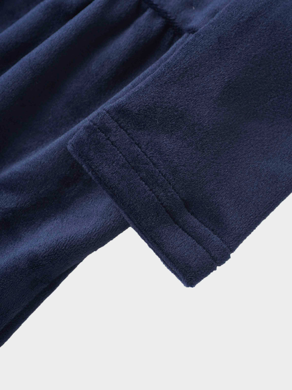 Tiered Velour Robe - Navy sleeve cuff close-up in plush, soft fabric.