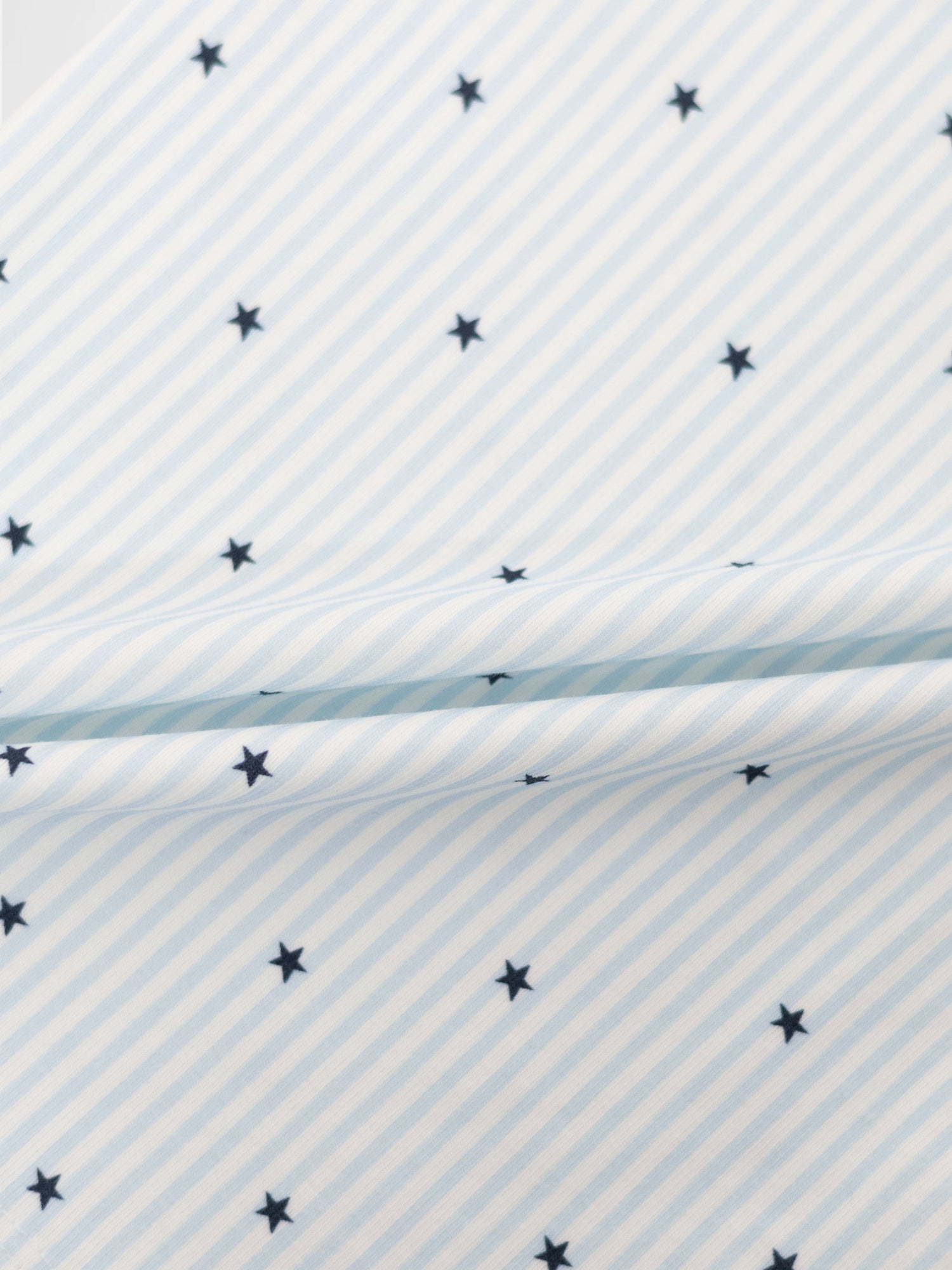 Blue Star Pajamas for boys; blue-and-white striped fabric with navy stars