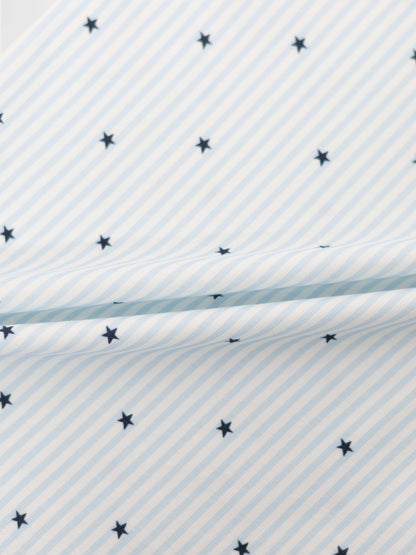 Blue Star Pajamas for boys; blue-and-white striped fabric with navy stars