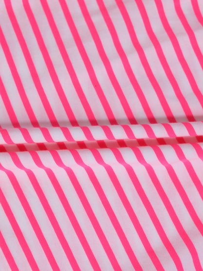 Neon Pink Striped Romper for girls by Adee, white fabric with bold pink stripes