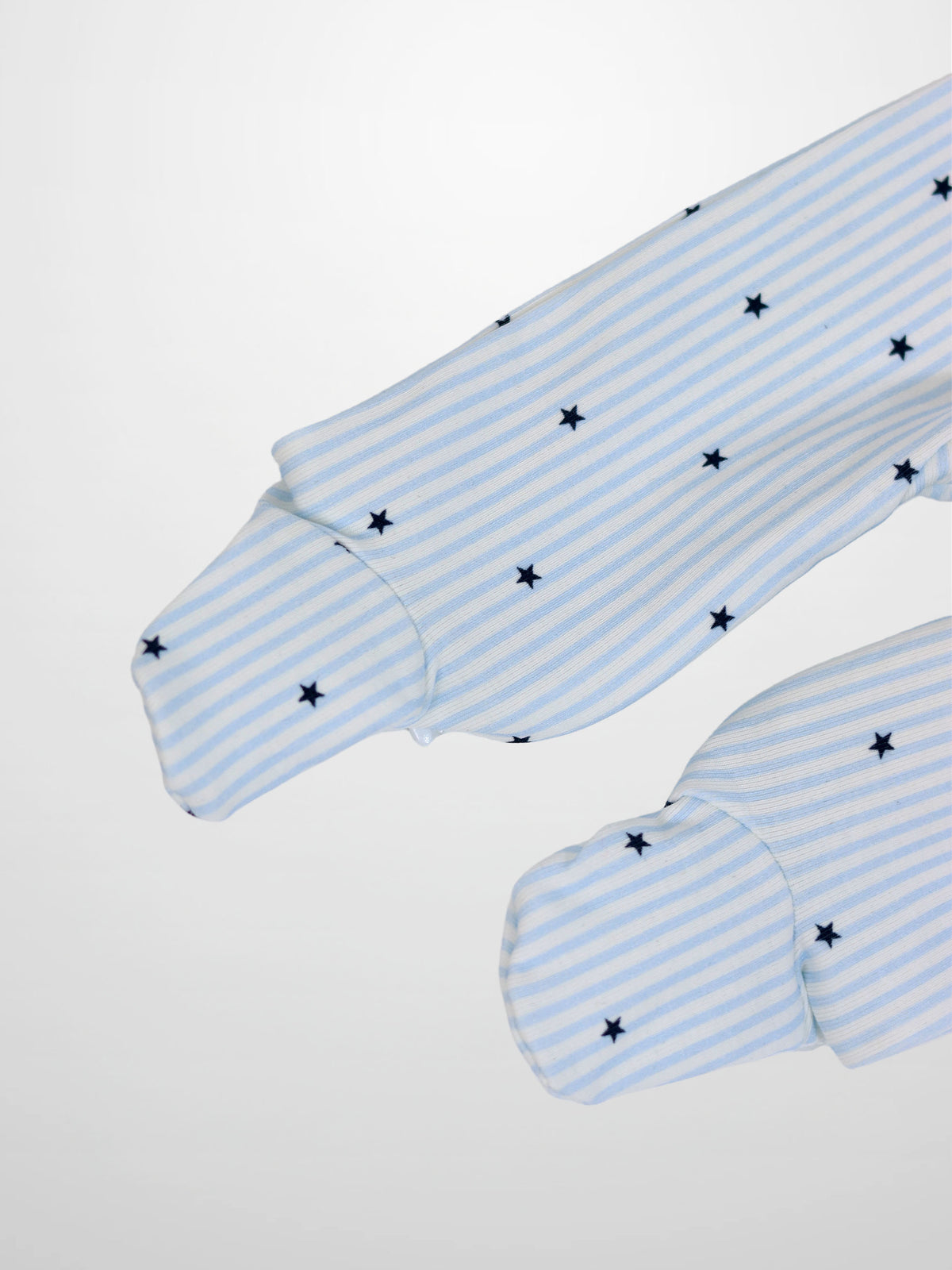 Blue Star Stretchy Boys Stretchies, light blue and white striped fabric with navy stars, 2-pack
