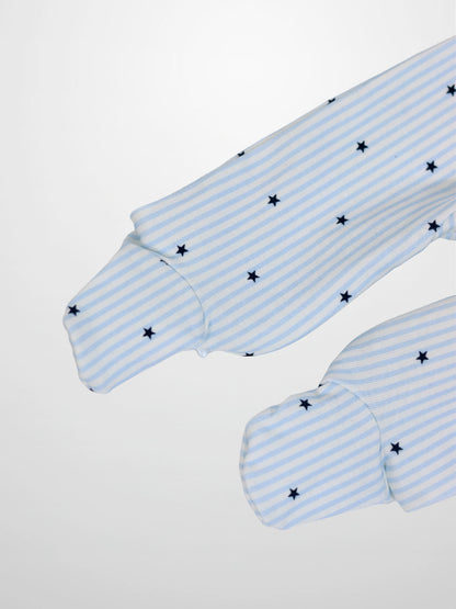 Blue Star Stretchy Boys Stretchies, light blue and white striped fabric with navy stars, 2-pack