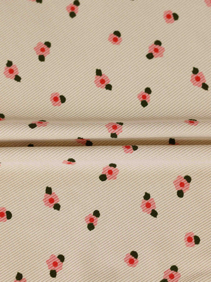 Adee tan floral T-shirt for girls, short sleeves with pink flower pattern on ribbed fabric.