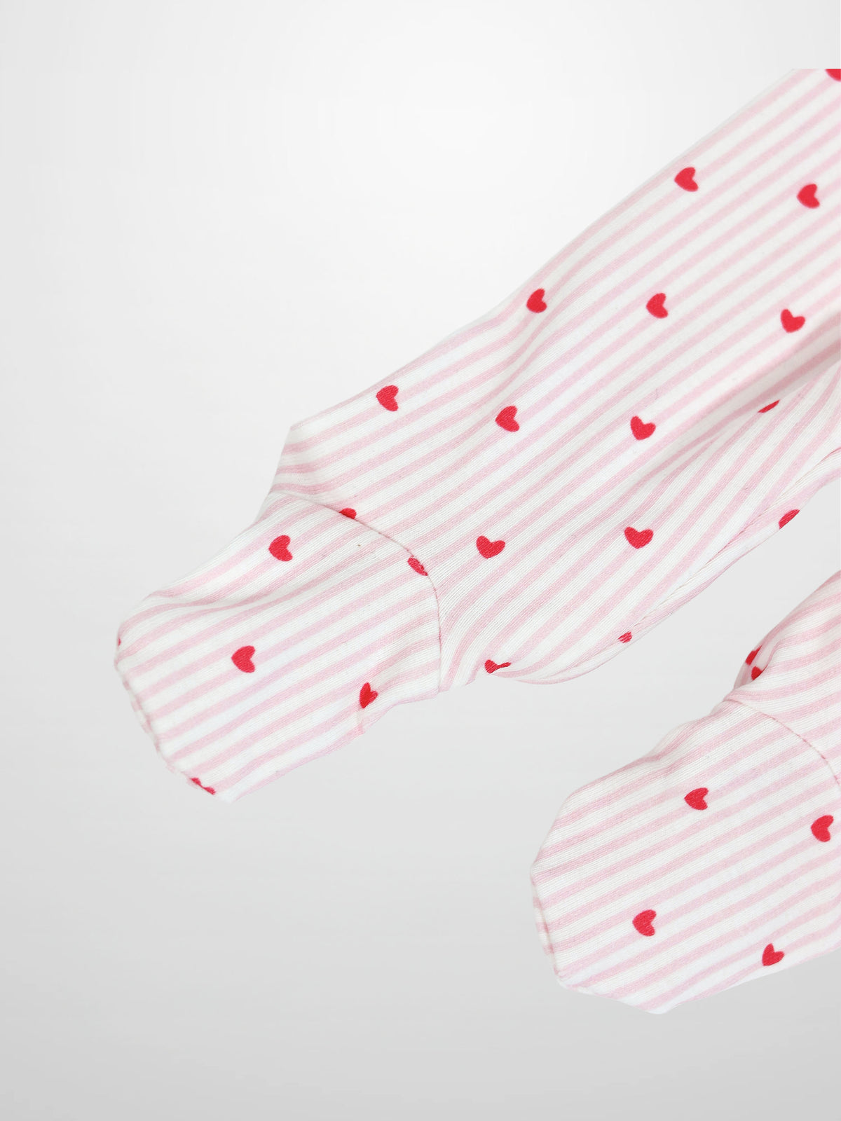 Pink Heart Stretchy with Lace girls stretchies, light pink and white striped fabric with red hearts