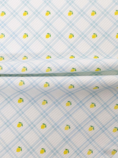 Lemon Window Pajamas fabric: white base with light blue grid plaid and tiny yellow lemons.