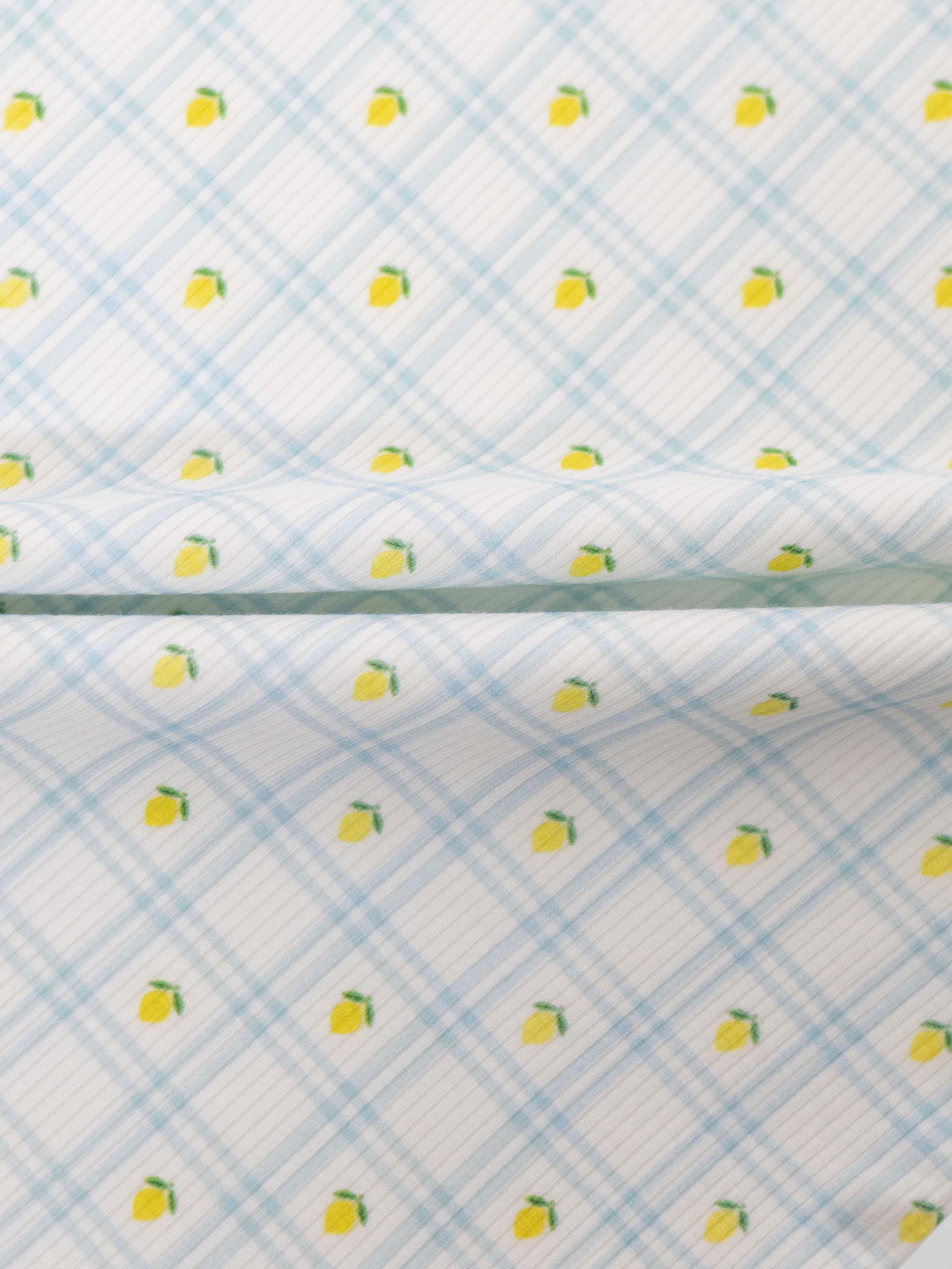 Lemon Window Pajamas for boys by Adee in blue plaid with small yellow lemons on white background