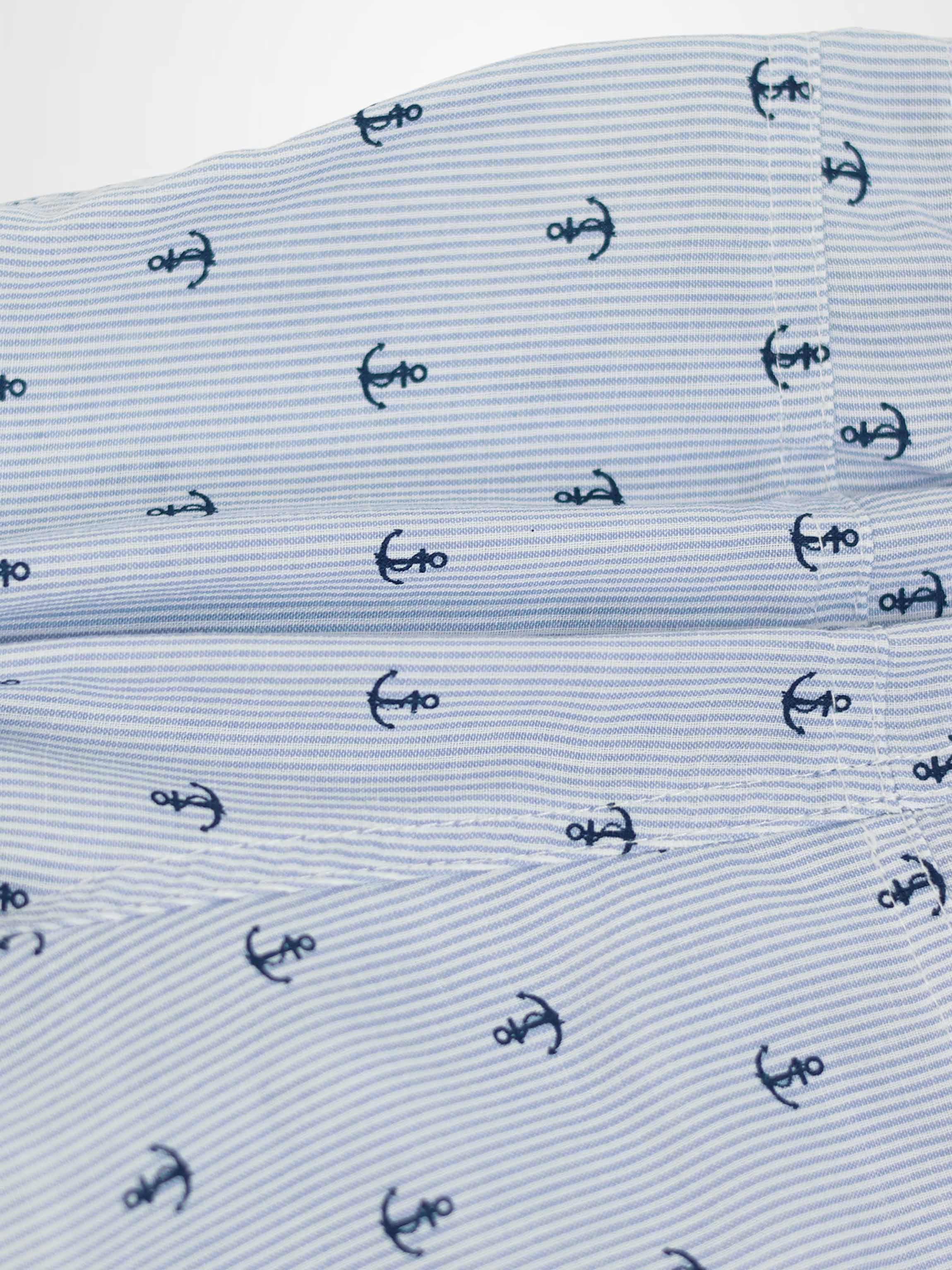 Anchor Shorts for boys; blue and white striped fabric with navy anchor print.
