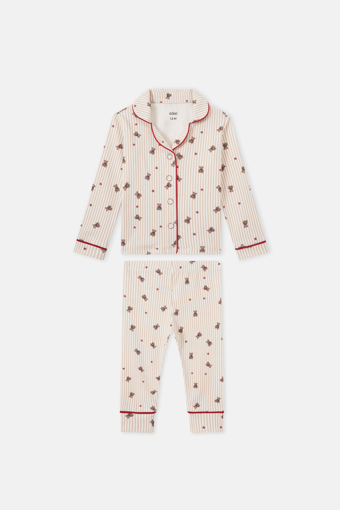 Adee Striped Bear Pajamas for girls; cream and red striped fabric with bear prints and red piping, top and pants