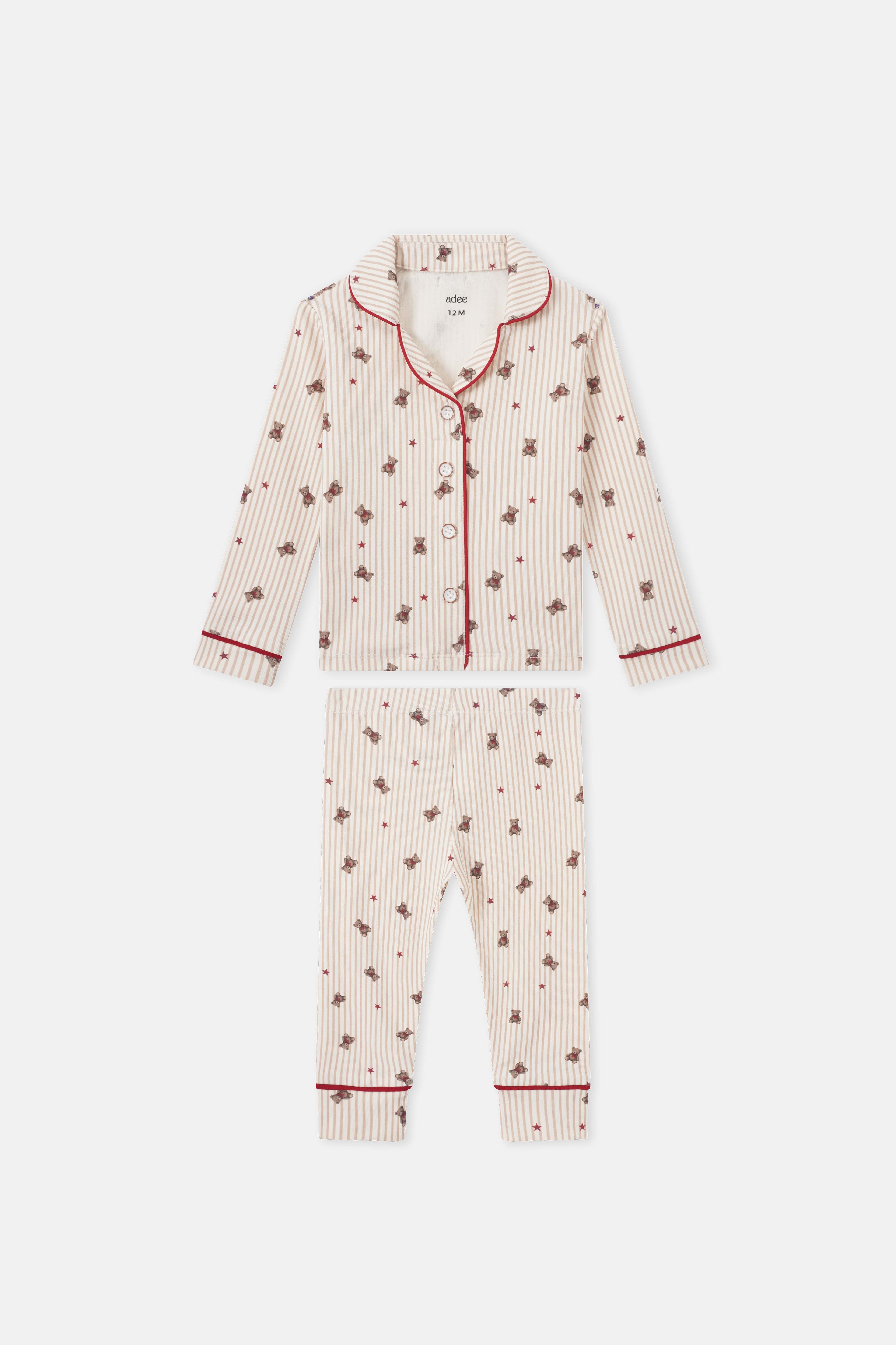 Adee Striped Bear Pajamas for girls; cream and red striped fabric with bear prints and red piping, top and pants