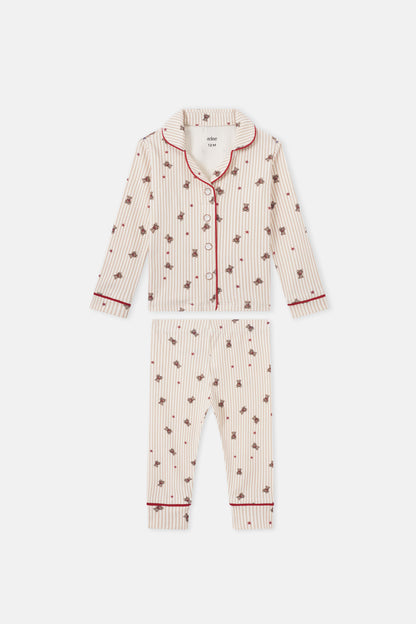 Adee Striped Bear Pajamas for girls; cream and red striped fabric with bear prints and red piping, top and pants