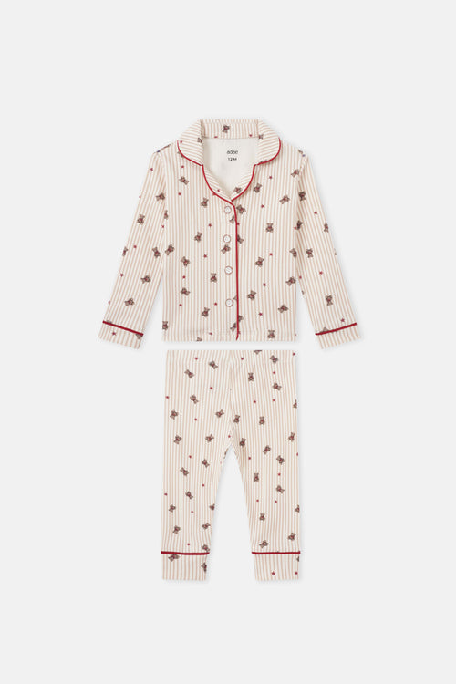 Adee Striped Bear Pajamas for girls; cream and red striped fabric with bear prints and red piping, top and pants