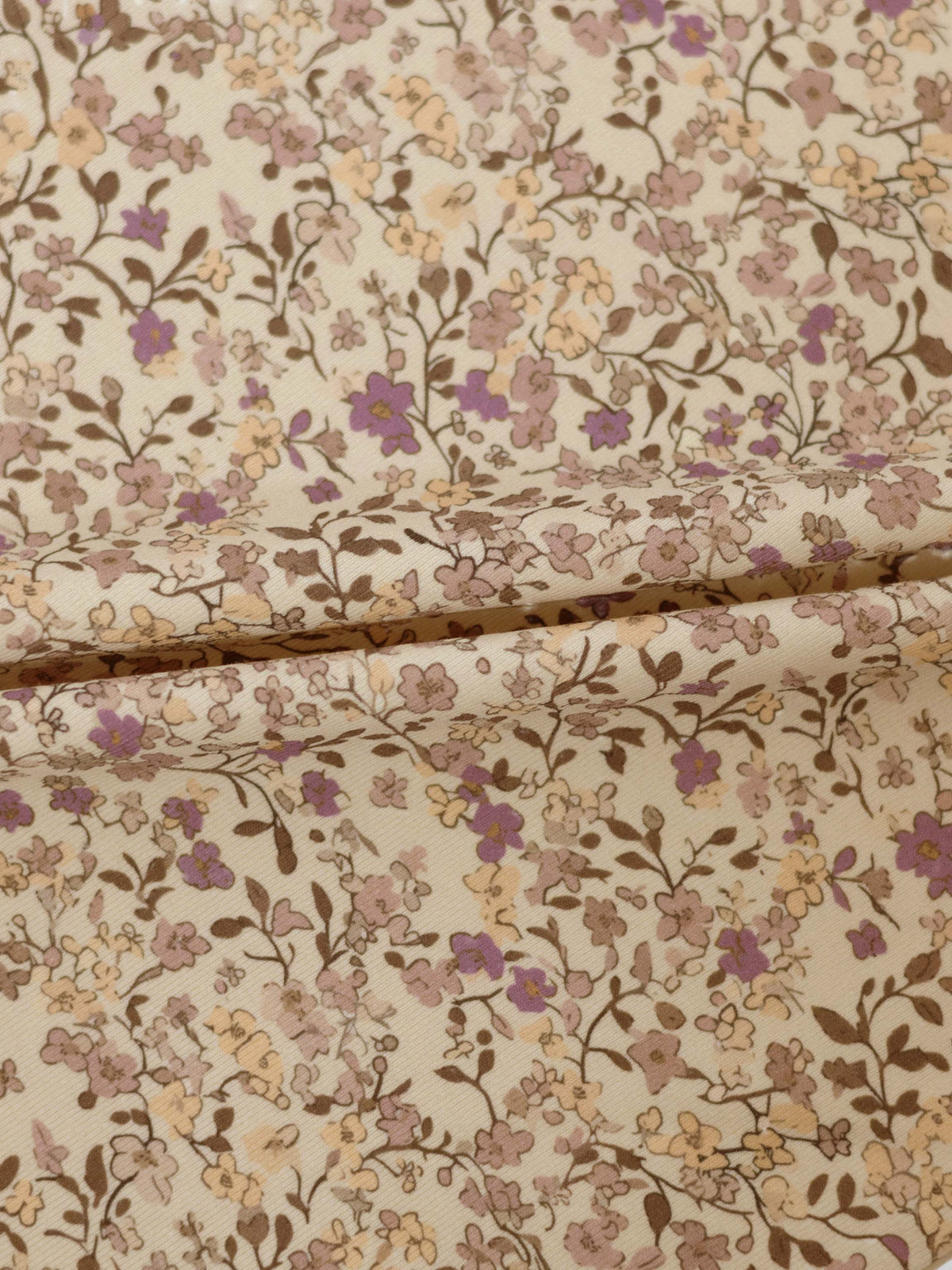 Purple Flower Shorts Set for little girls, beige floral print in purple and brown hues.