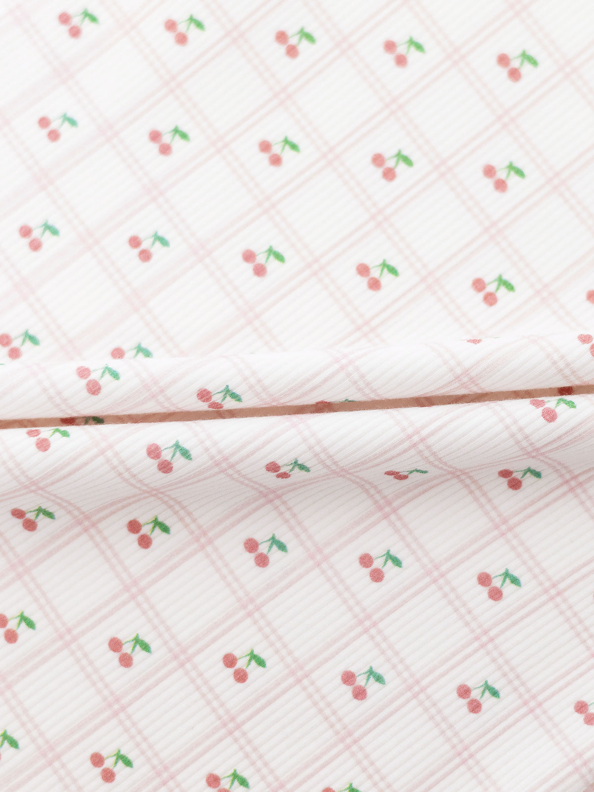 Cherry Window Pajamas for girls in light pink plaid with tiny cherry prints, Adee