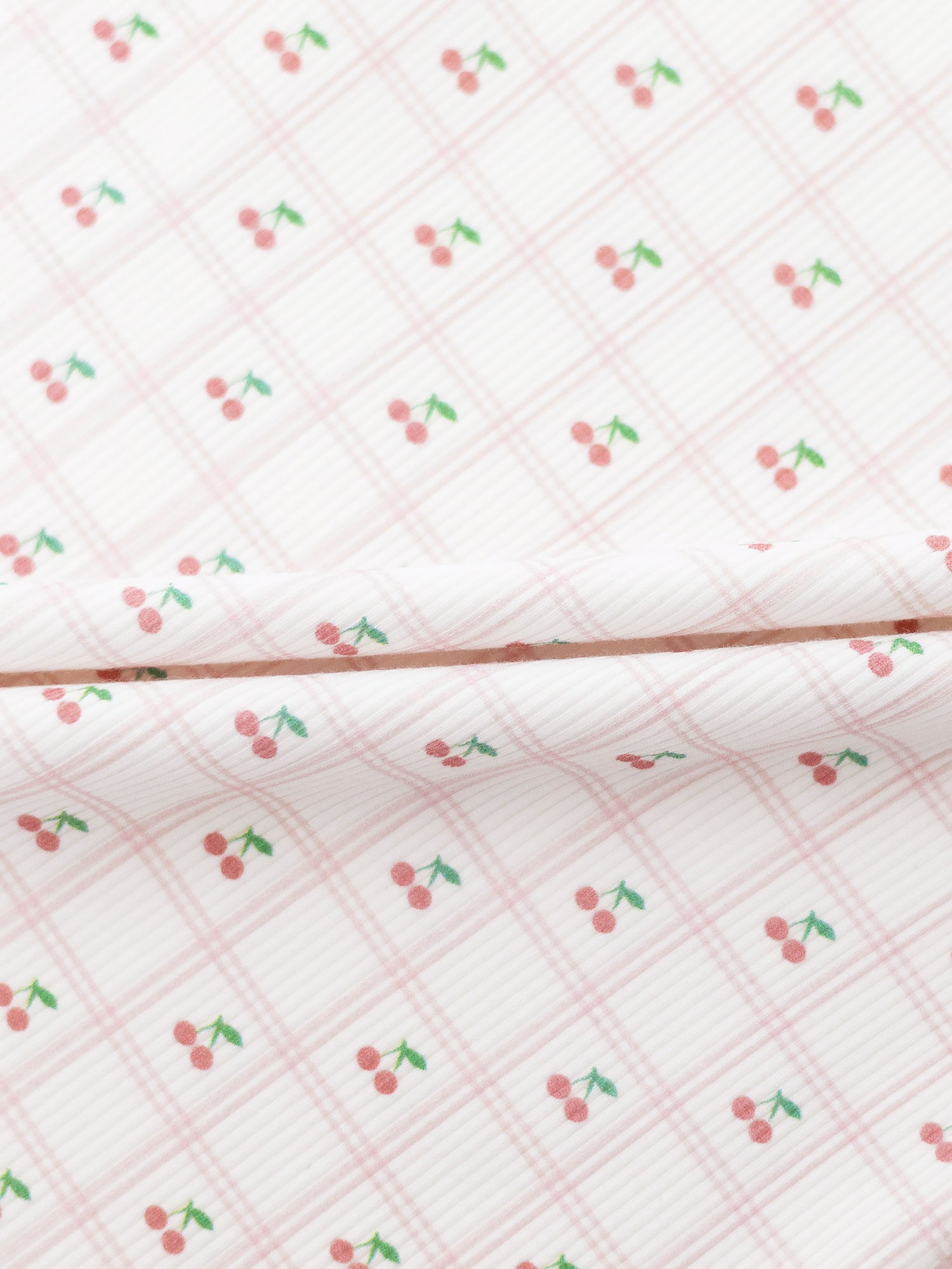 Cherry Window Pajamas for girls in light pink plaid with tiny cherry prints, Adee