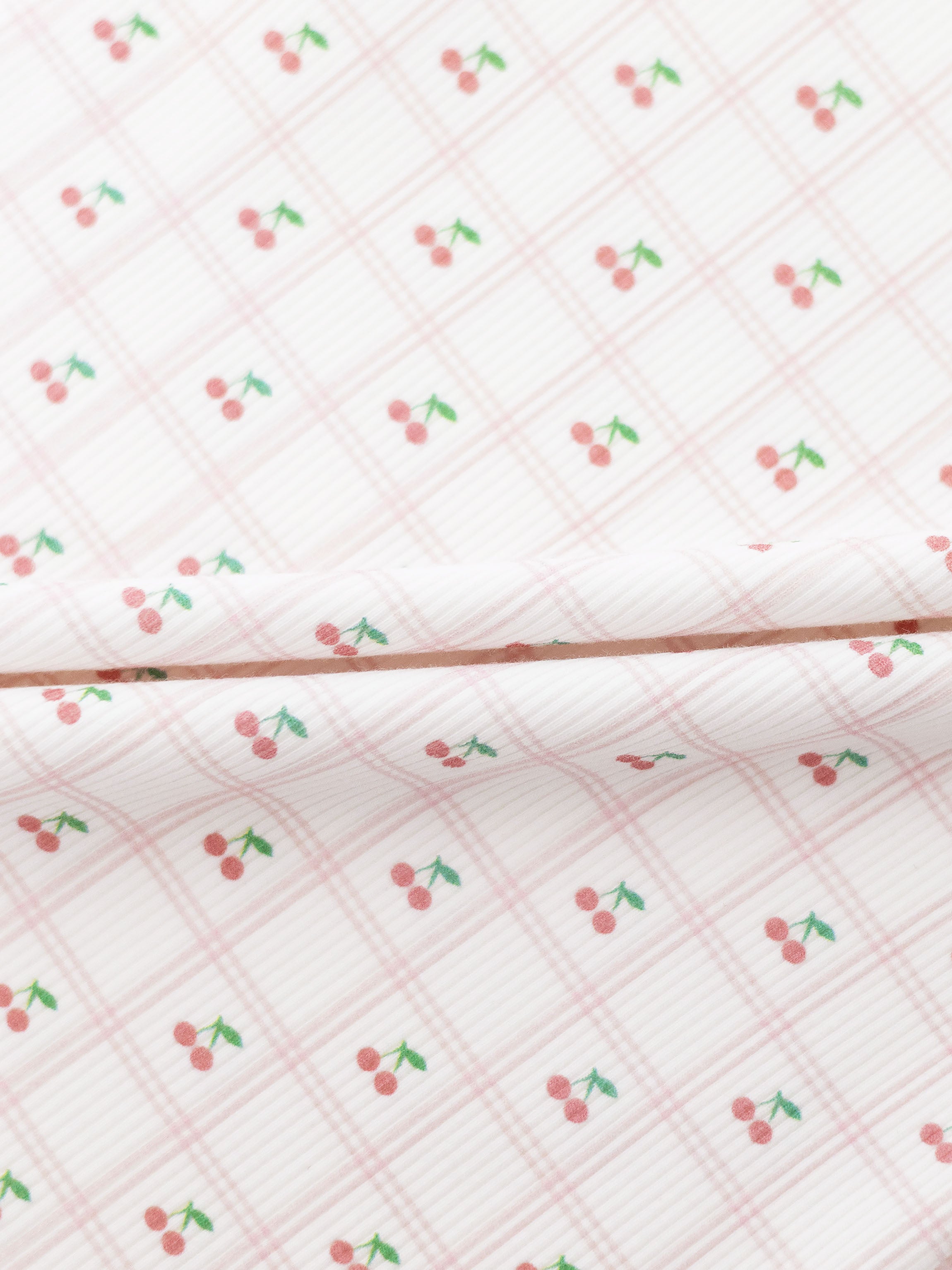 Cherry Window Pajamas for girls in light pink plaid with tiny cherry prints, Adee