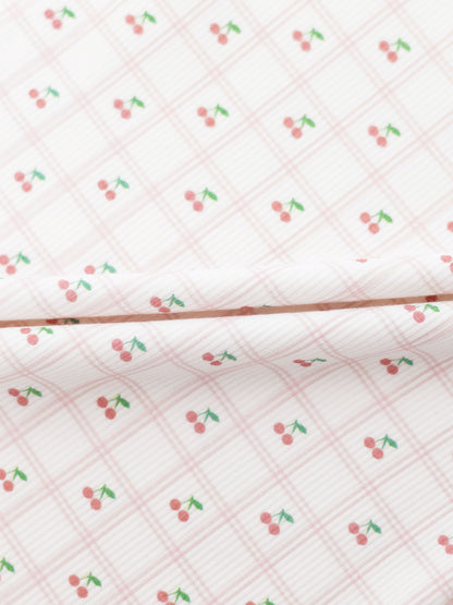 Cherry Window Pajamas for girls in light pink plaid with tiny cherry prints, Adee
