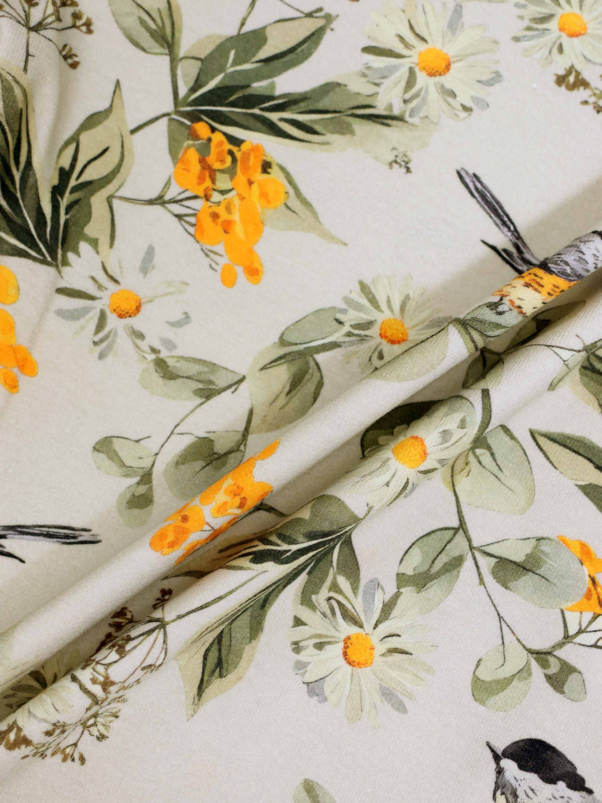 Garden Finch Circle Skirt by Adee; girls skirt print with white background, green leaves and orange flowers.
