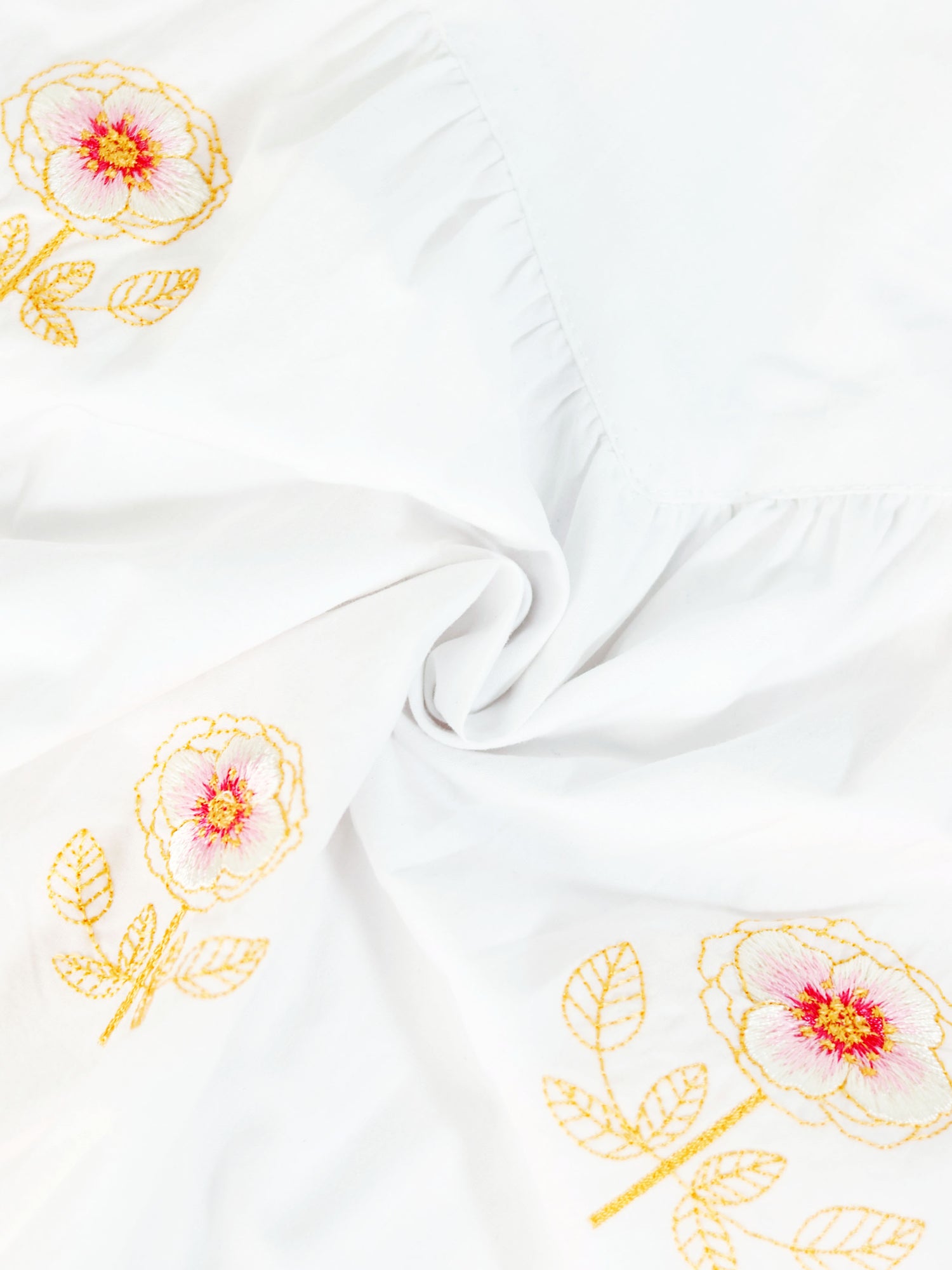 Girls embroidered flower shirt, white cotton top with yellow floral embroidery and pink centers