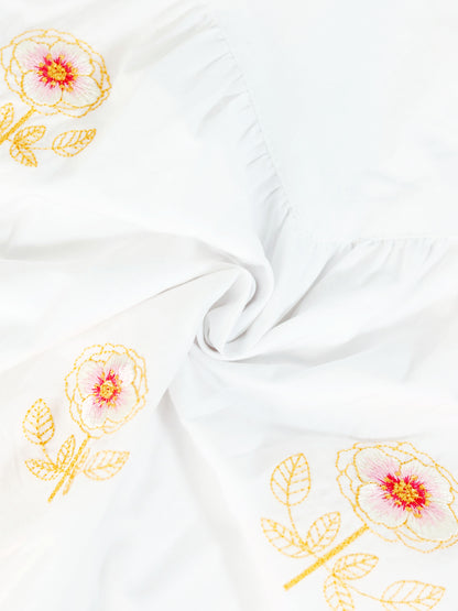 Girls embroidered flower shirt, white cotton top with yellow floral embroidery and pink centers