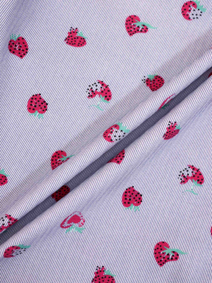 Strawberry Bloomers Set for little girls by Adee; light blue striped fabric with pink strawberries.