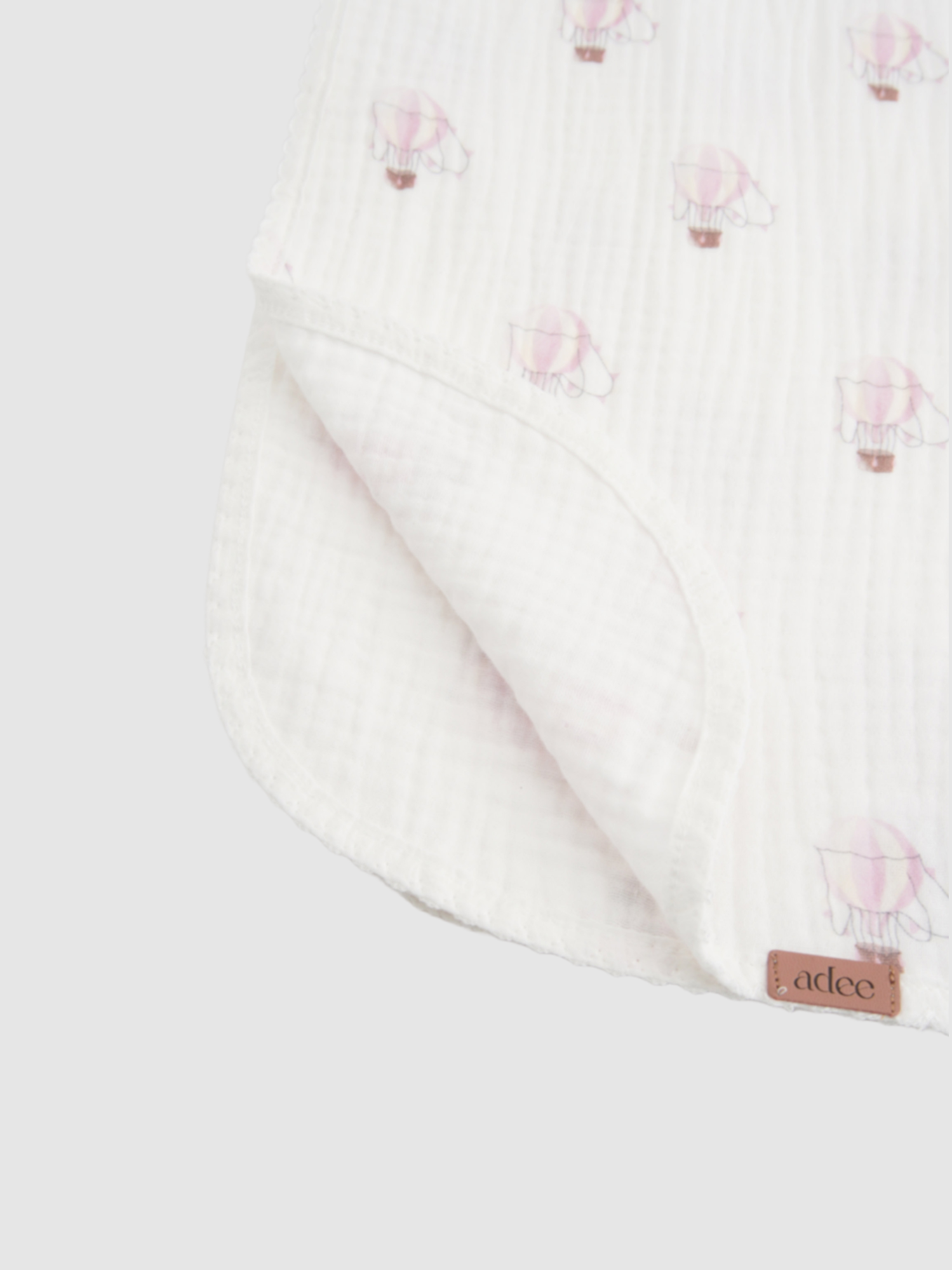 Receiving blanket for girls by Adee, white fabric with pink balloon print