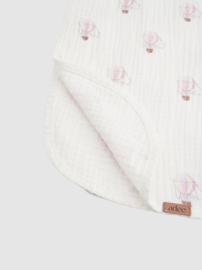 Receiving blanket for girls by Adee, white fabric with pink balloon print