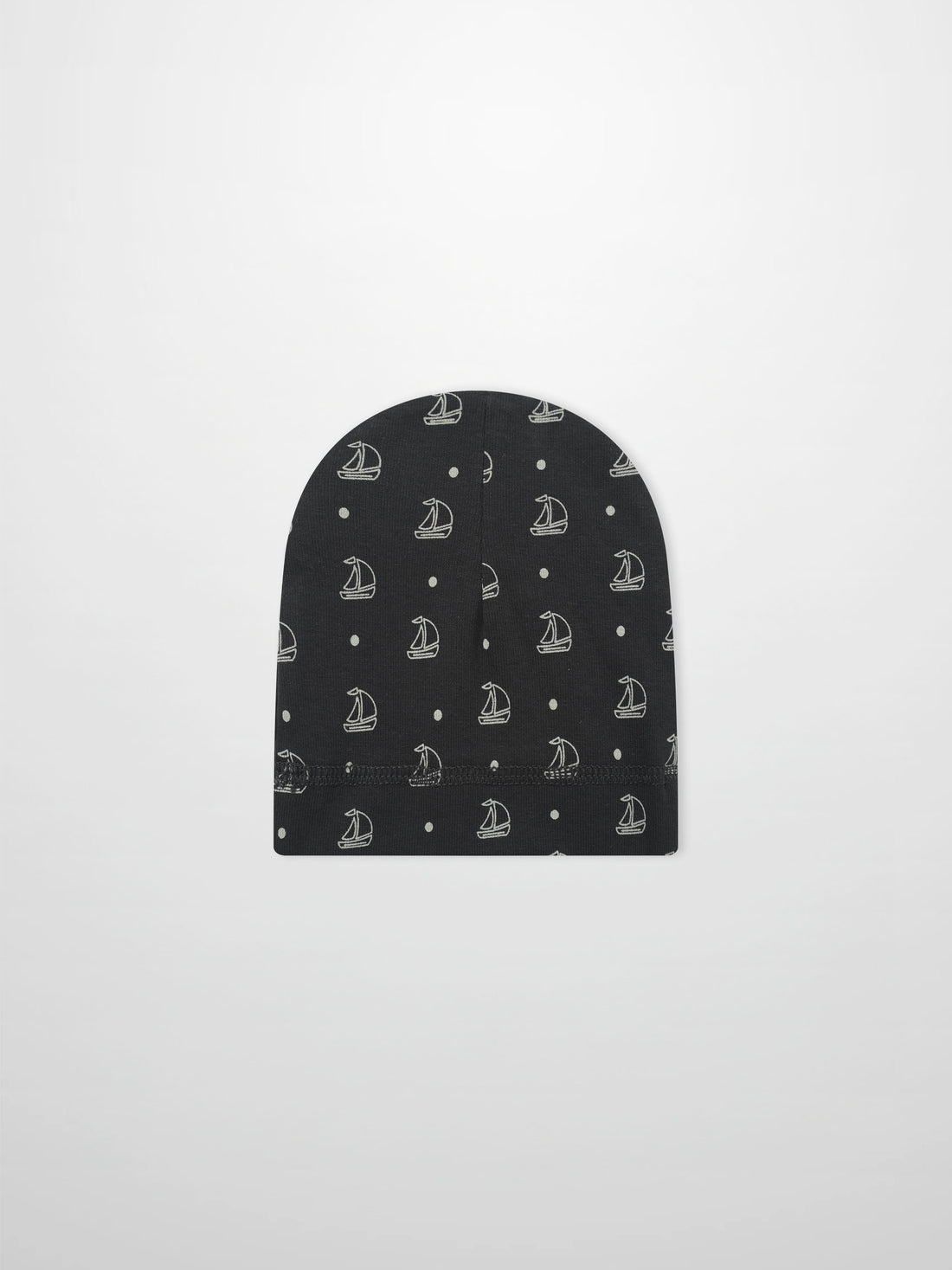 Harbor Dot Hat by Adee; navy blue boys beanie featuring white sailboats and small dot repeating pattern