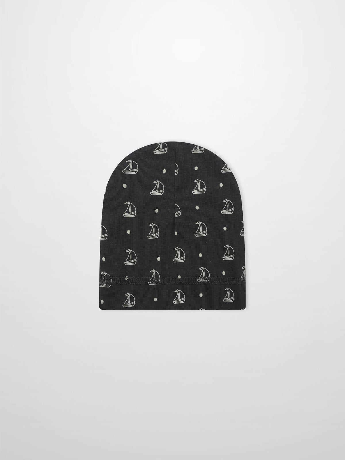 Harbor Dot Hat by Adee; navy blue boys beanie featuring white sailboats and small dot repeating pattern