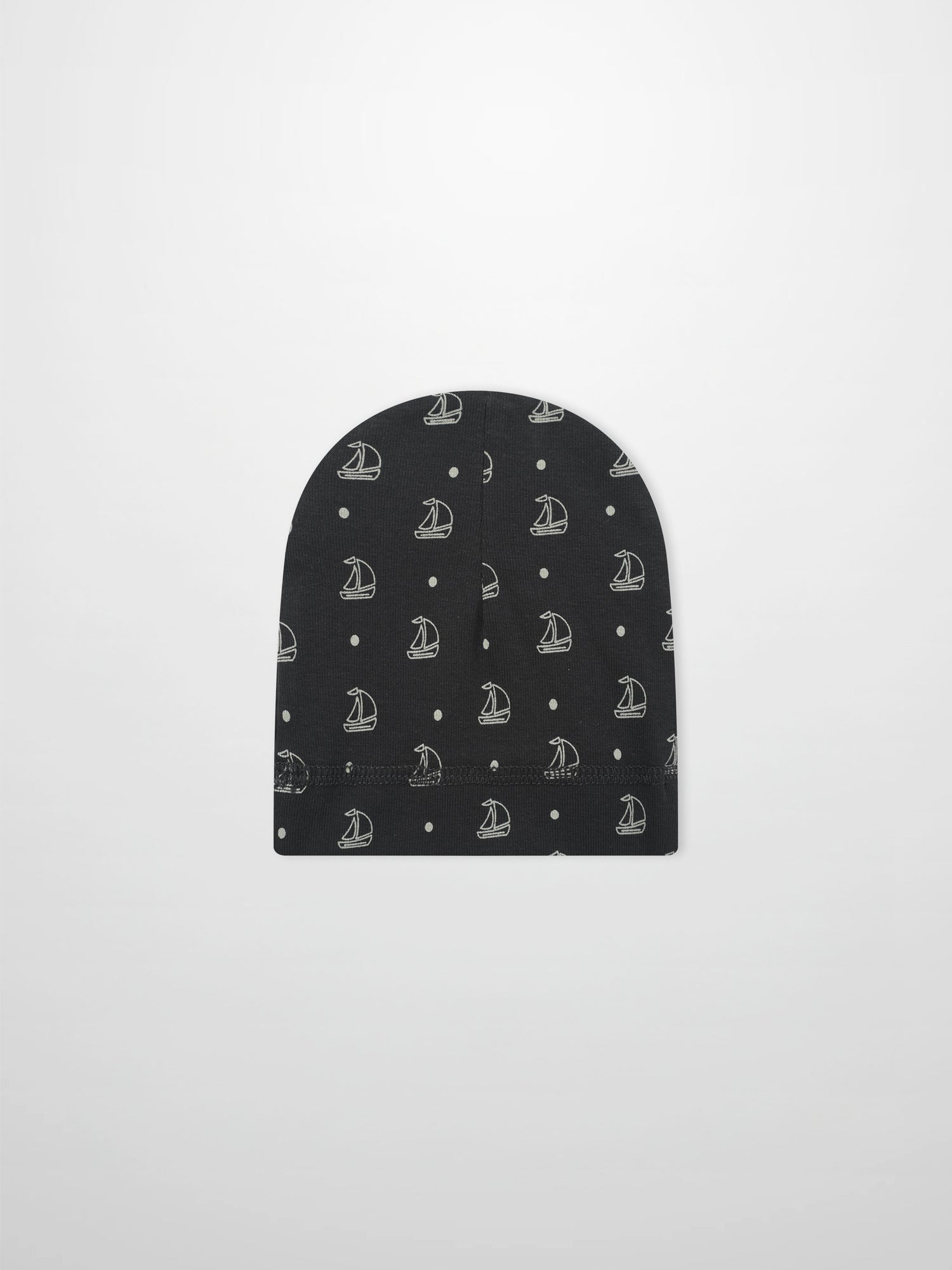 Harbor Dot Hat by Adee; navy blue boys beanie featuring white sailboats and small dot repeating pattern