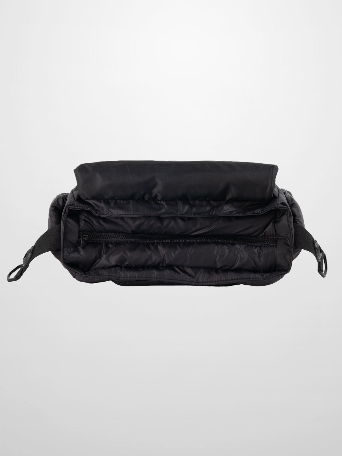 Black padded diaper bag with foldover top and front zipper pocket; a sleek, practical baby carry solution.