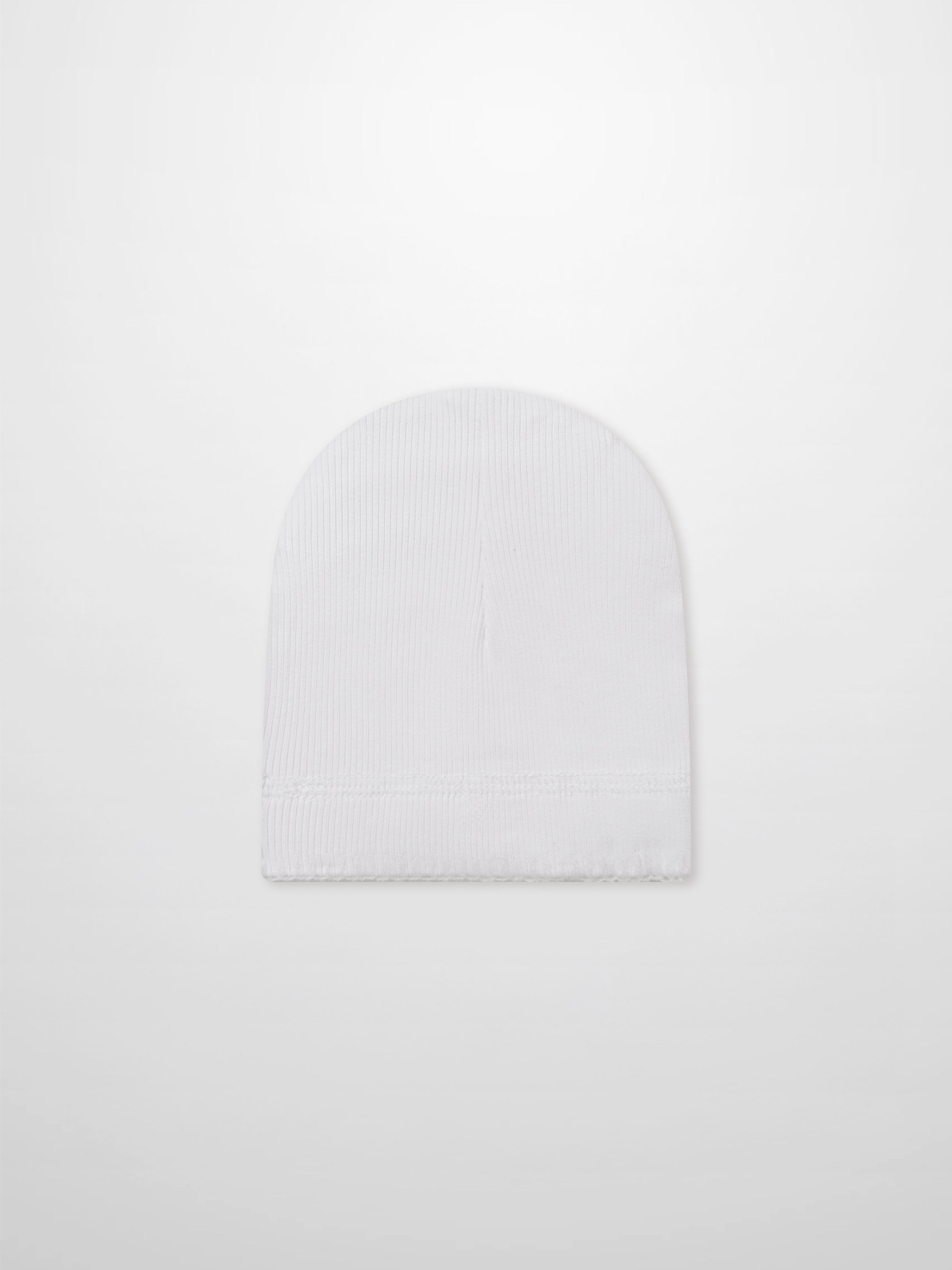 Legacy Stitch Hat white rib-knit unisex beanie on white backdrop, casual everyday headwear for men and women.
