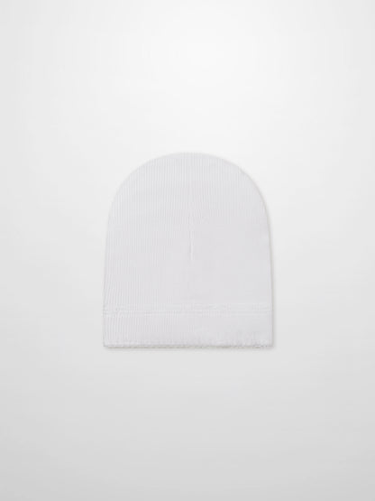 Legacy Stitch Hat white rib-knit unisex beanie on white backdrop, casual everyday headwear for men and women.