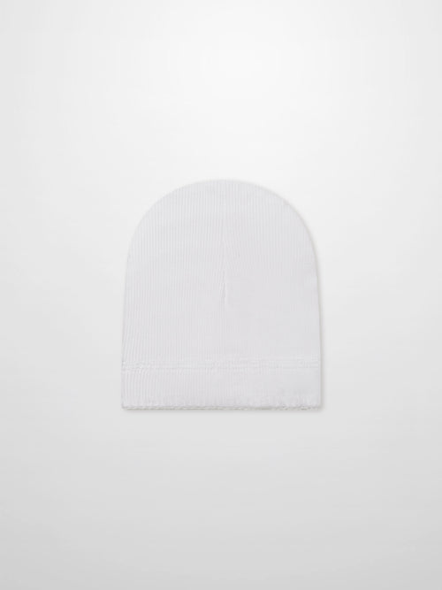 Legacy Stitch Hat white rib-knit unisex beanie on white backdrop, casual everyday headwear for men and women.