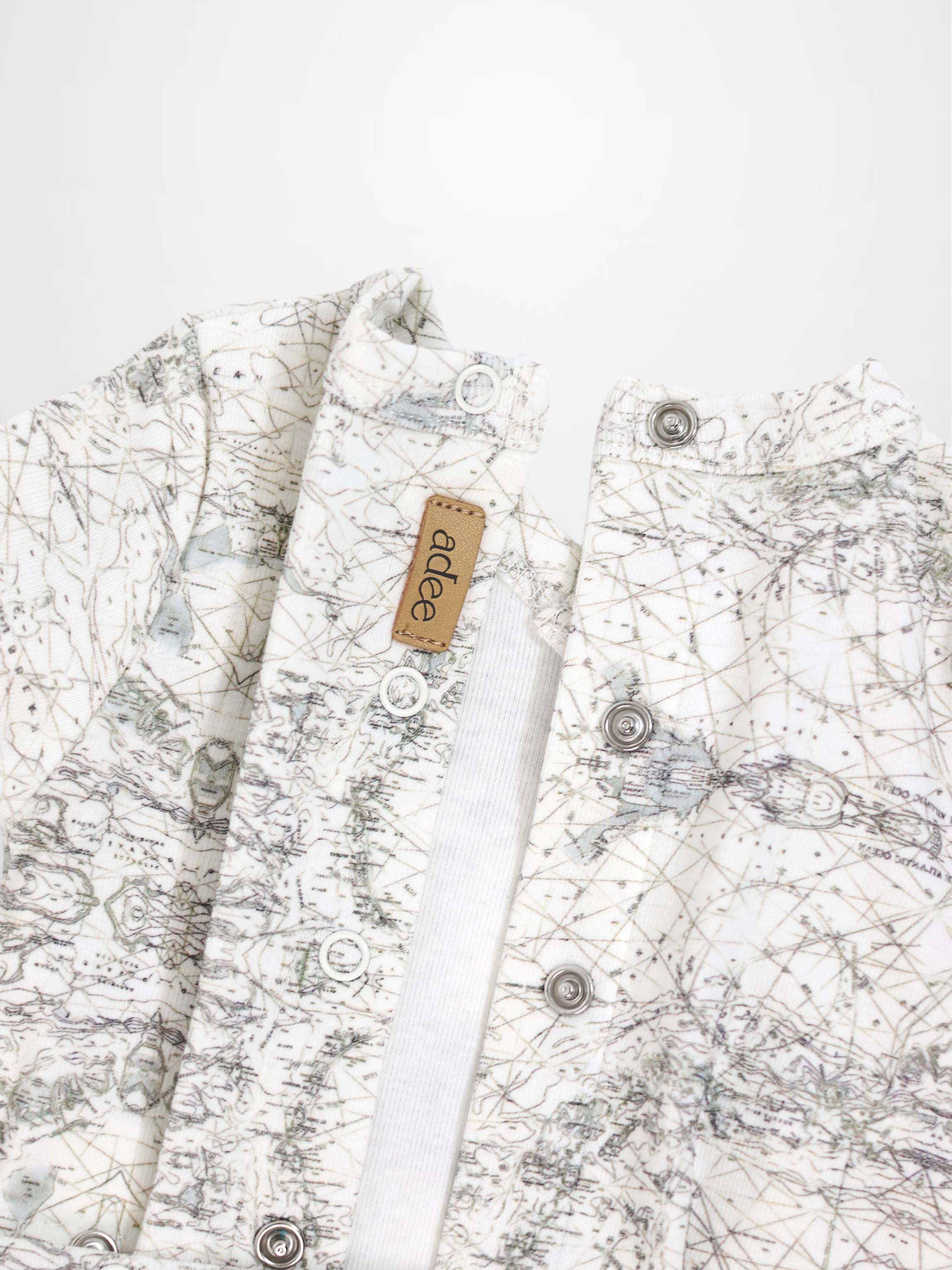 Map Stretchy boys stretchies in finely sketched sage green map-print fabric by Adee