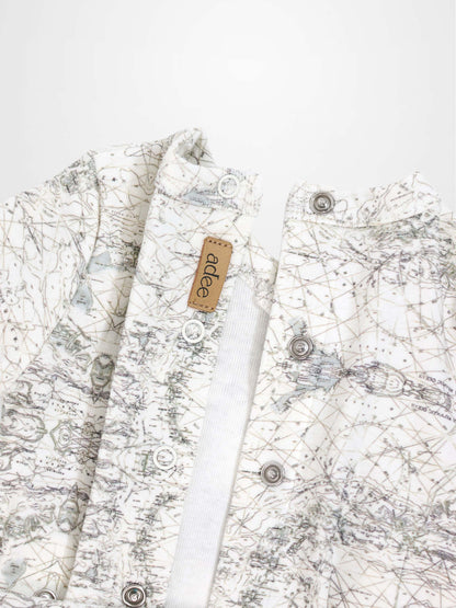 Map Stretchy boys stretchies in finely sketched sage green map-print fabric by Adee