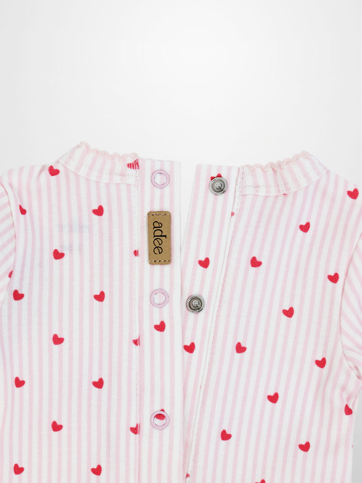 Pink Heart Stretchy with Lace by Adee; girls stretchies in light pink/white stripes with red hearts and snap closures.